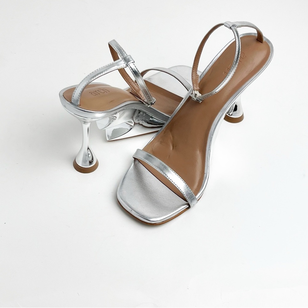 ARCH Lovestruck Silver Chrome Adjustable Ankle Straps Heart Inspired Heels 6.5